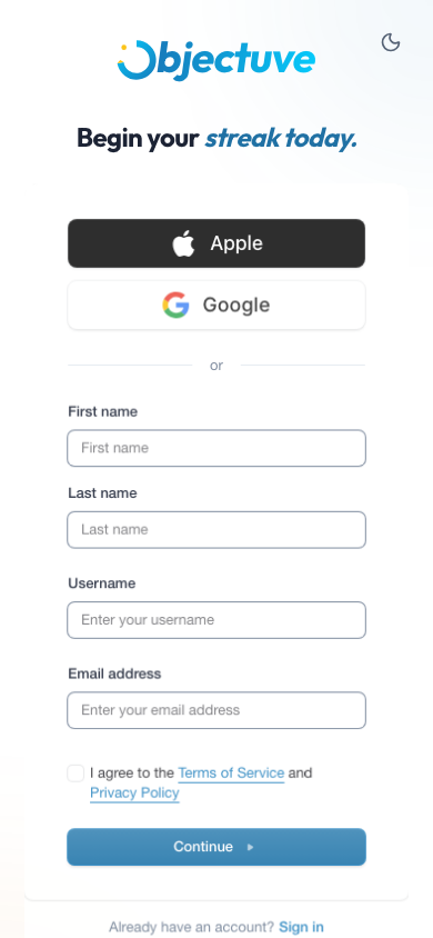 Sign-up page