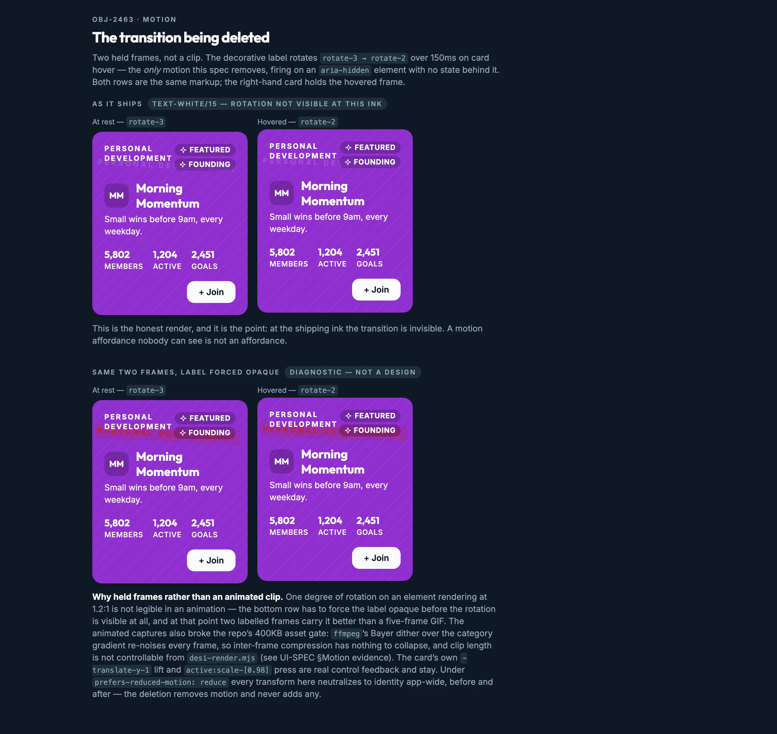 Community Card Motion mockup, dark, desktop