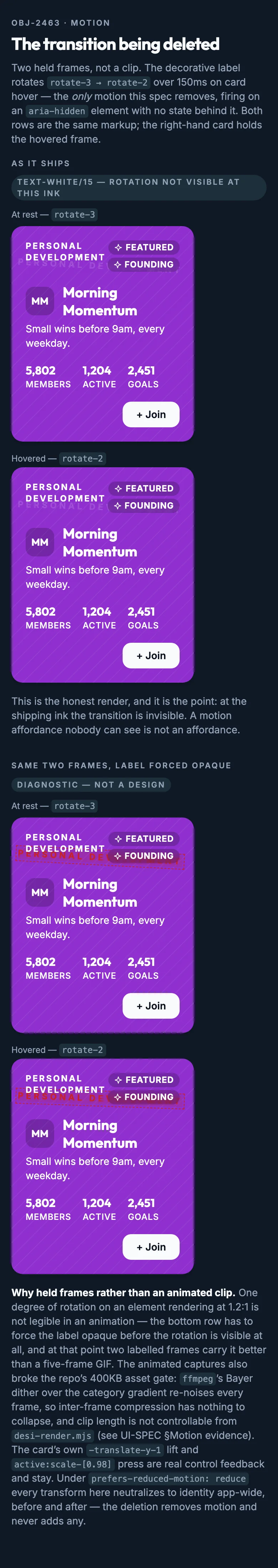 Community Card Motion mockup, dark, mobile