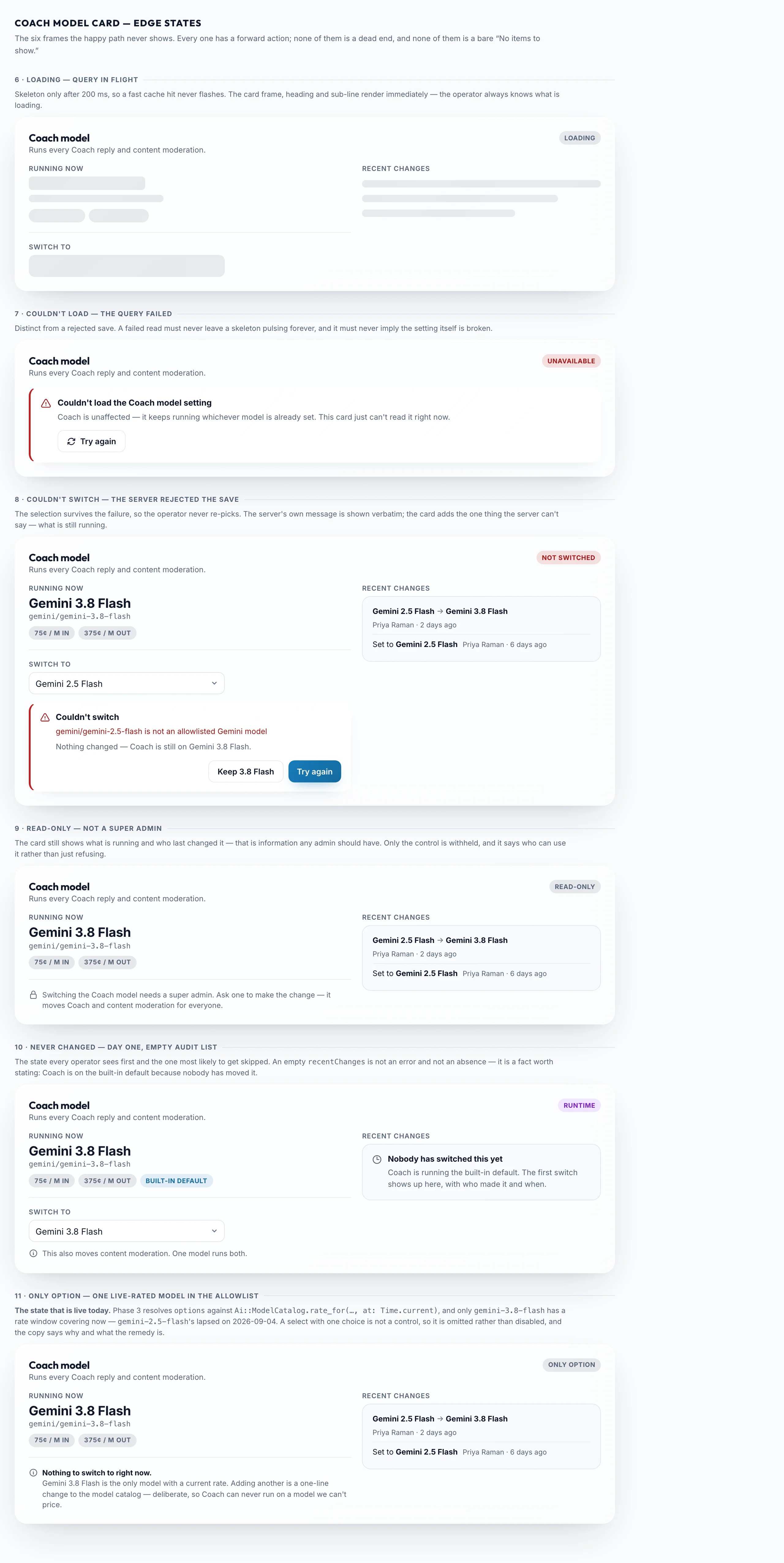 Coach Model Card Edge States mockup, light, desktop