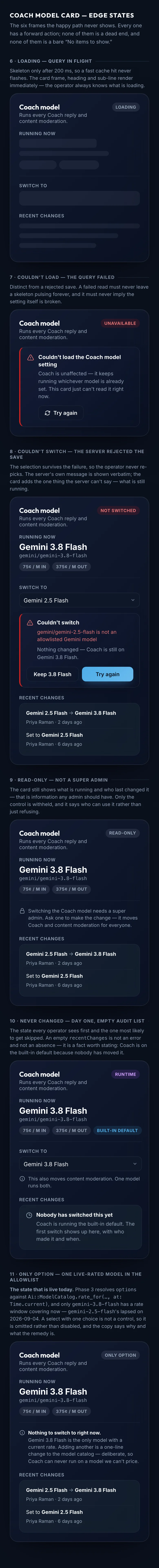 Coach Model Card Edge States mockup, dark, mobile