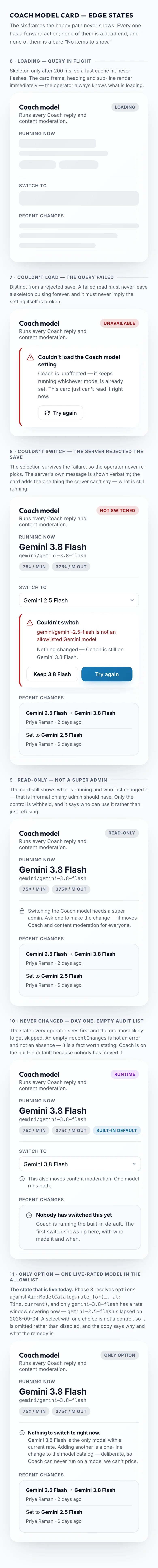 Coach Model Card Edge States mockup, light, mobile