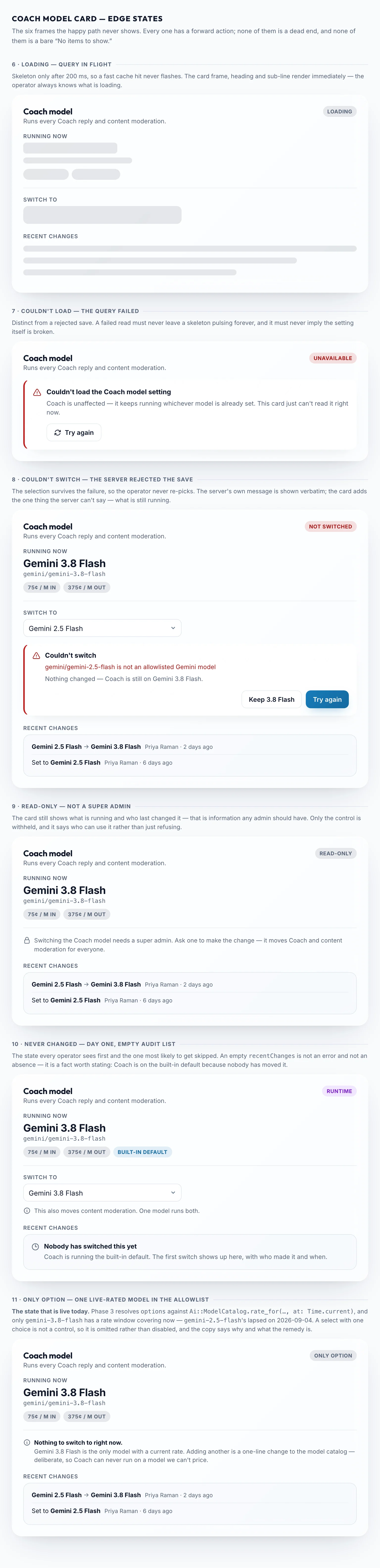 Coach Model Card Edge States mockup, light, tablet