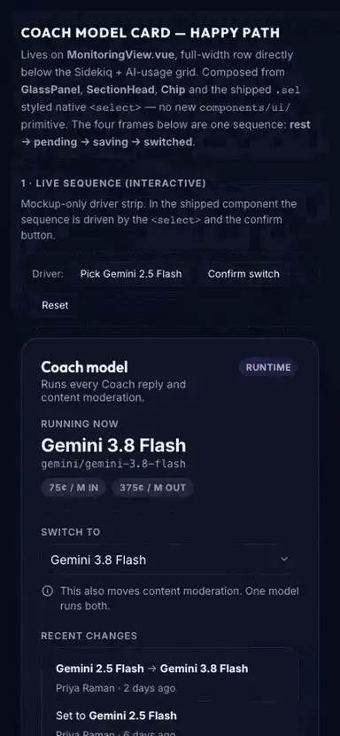 Coach Model Card Motion mockup, dark, mobile