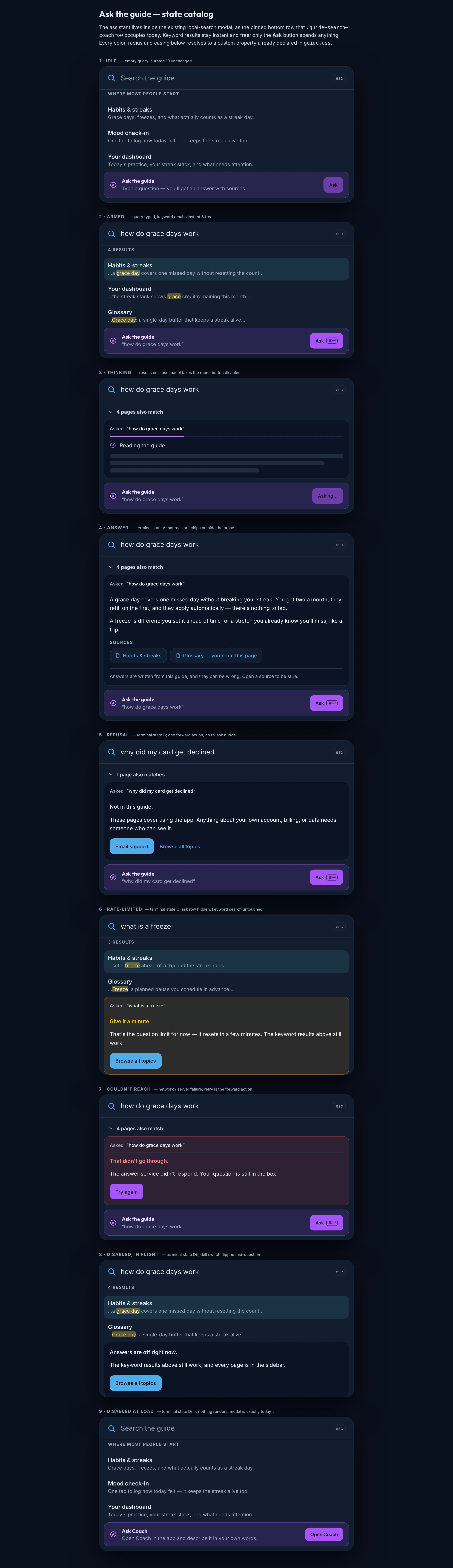 Guide Assistant mockup, dark, desktop