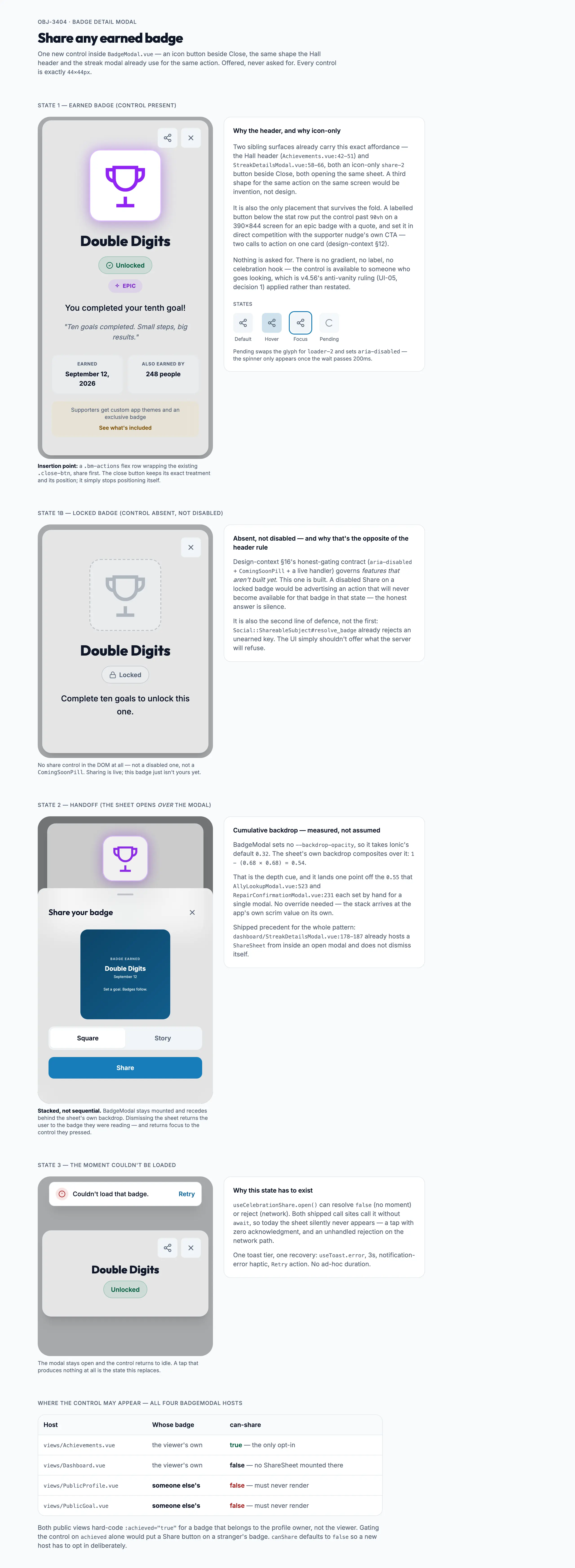 Badge Share Affordance mockup, light, desktop