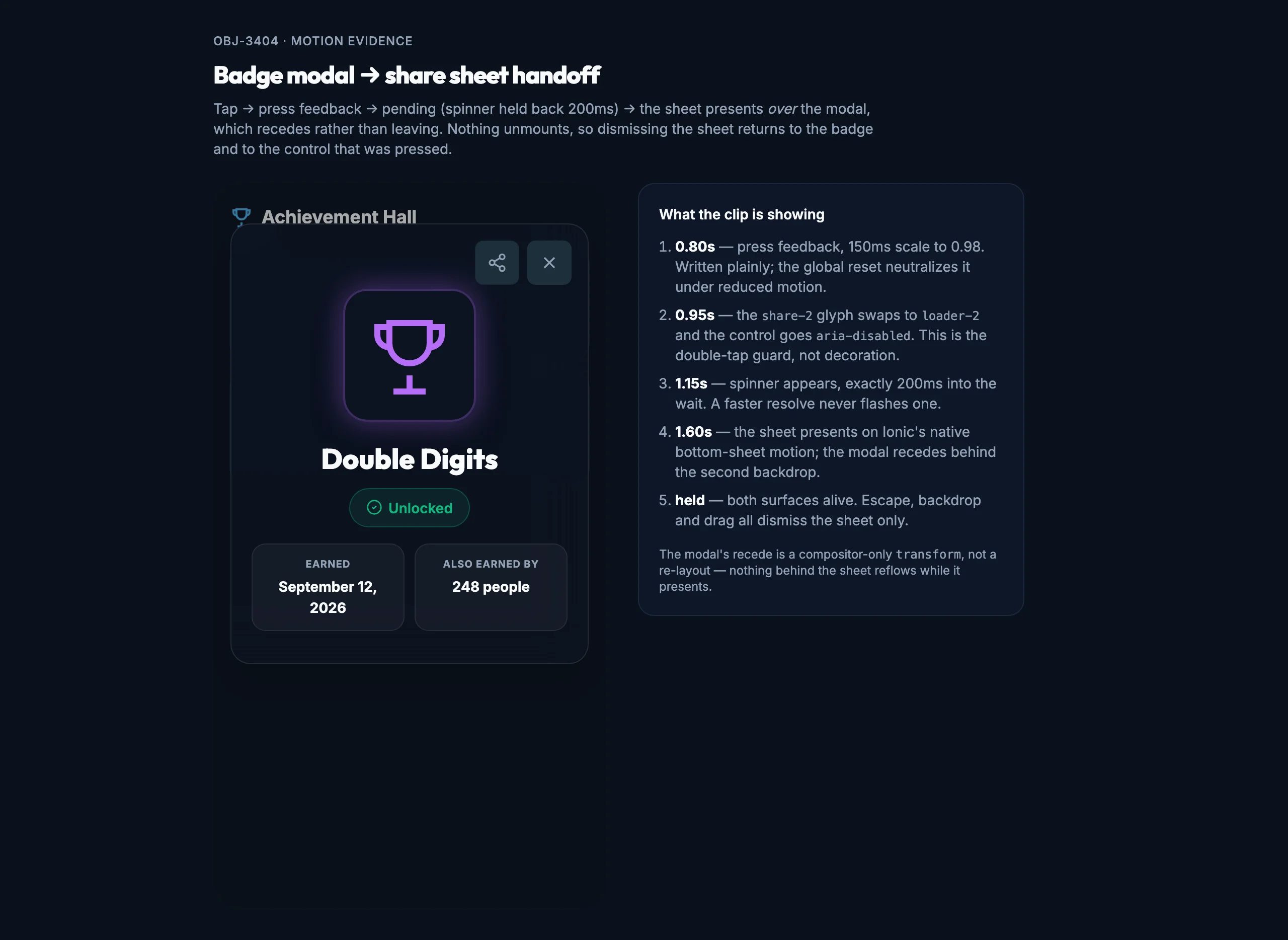 Badge Share Handoff mockup, dark, desktop