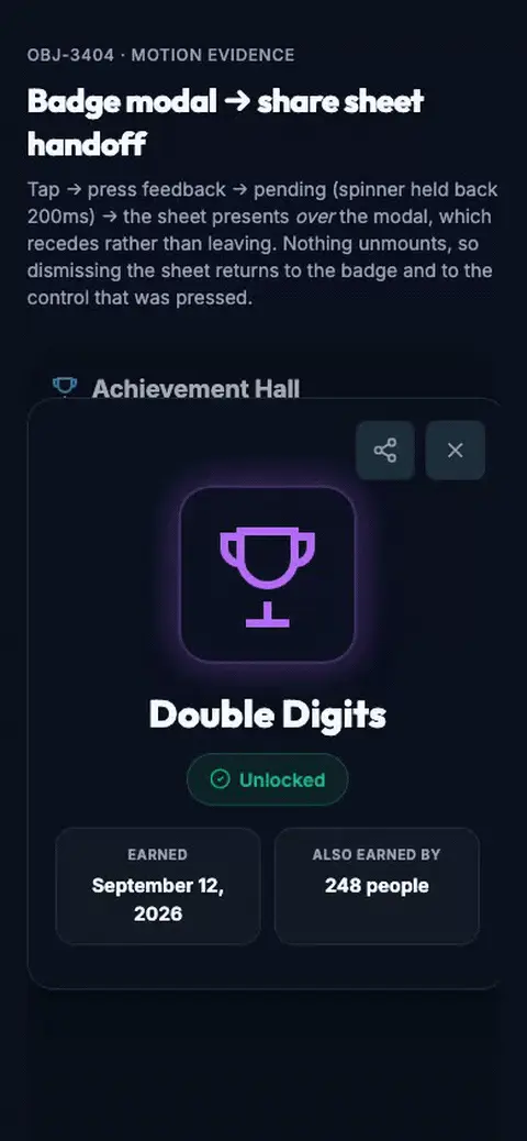 Badge Share Handoff Motion mockup, dark, mobile