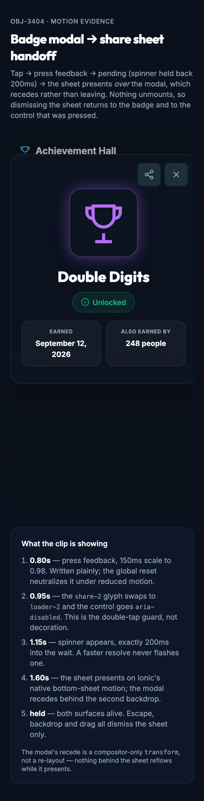 Badge Share Handoff mockup, dark, mobile