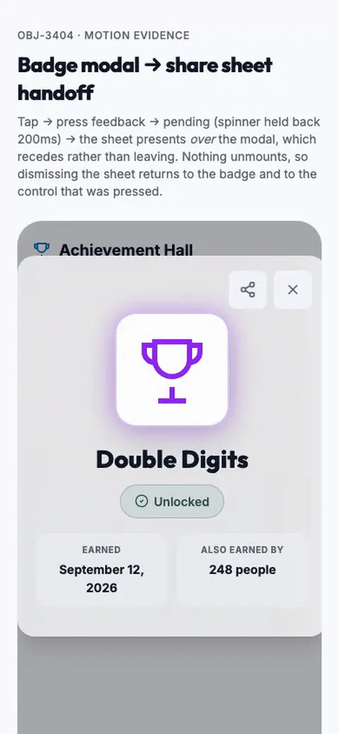 Badge Share Handoff Motion mockup, light, mobile