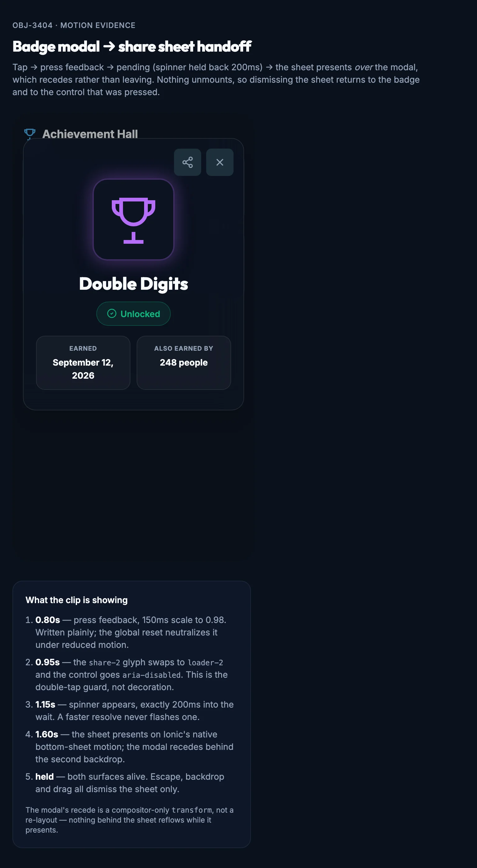 Badge Share Handoff mockup, dark, tablet