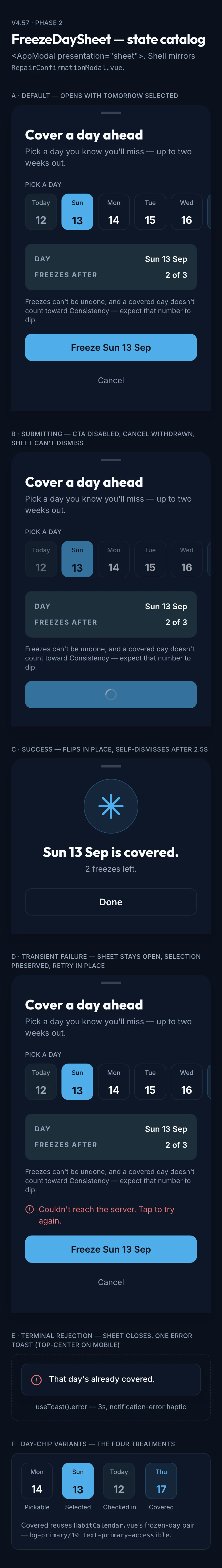 Freeze Day Sheet mockup, dark, mobile