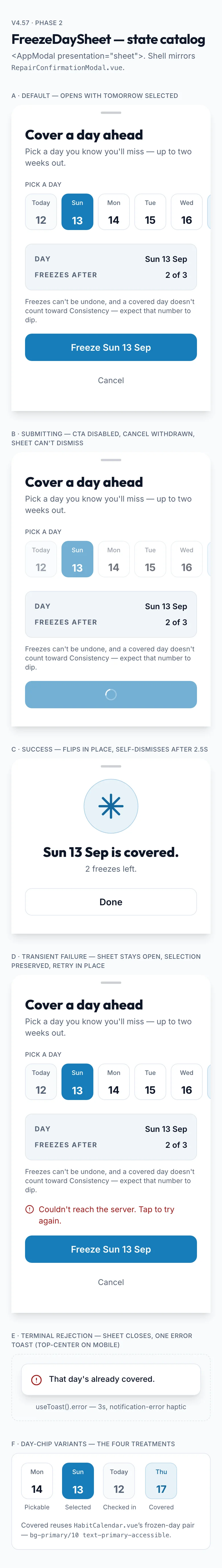 Freeze Day Sheet mockup, light, mobile