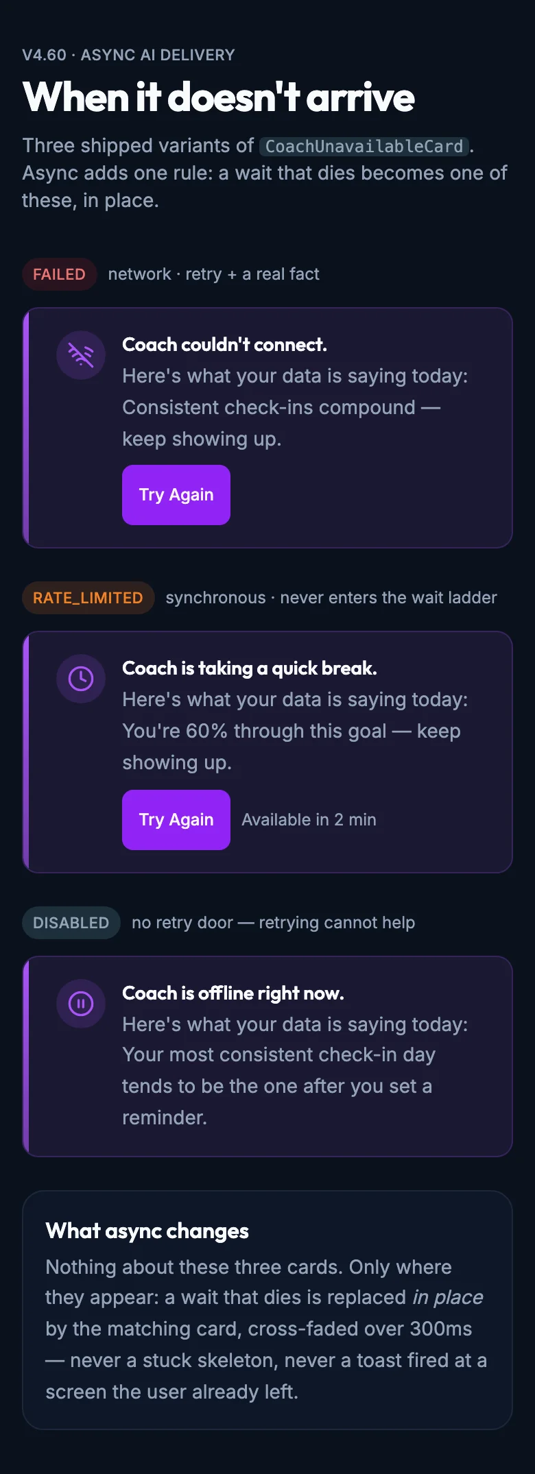 Failure States mockup, dark, mobile
