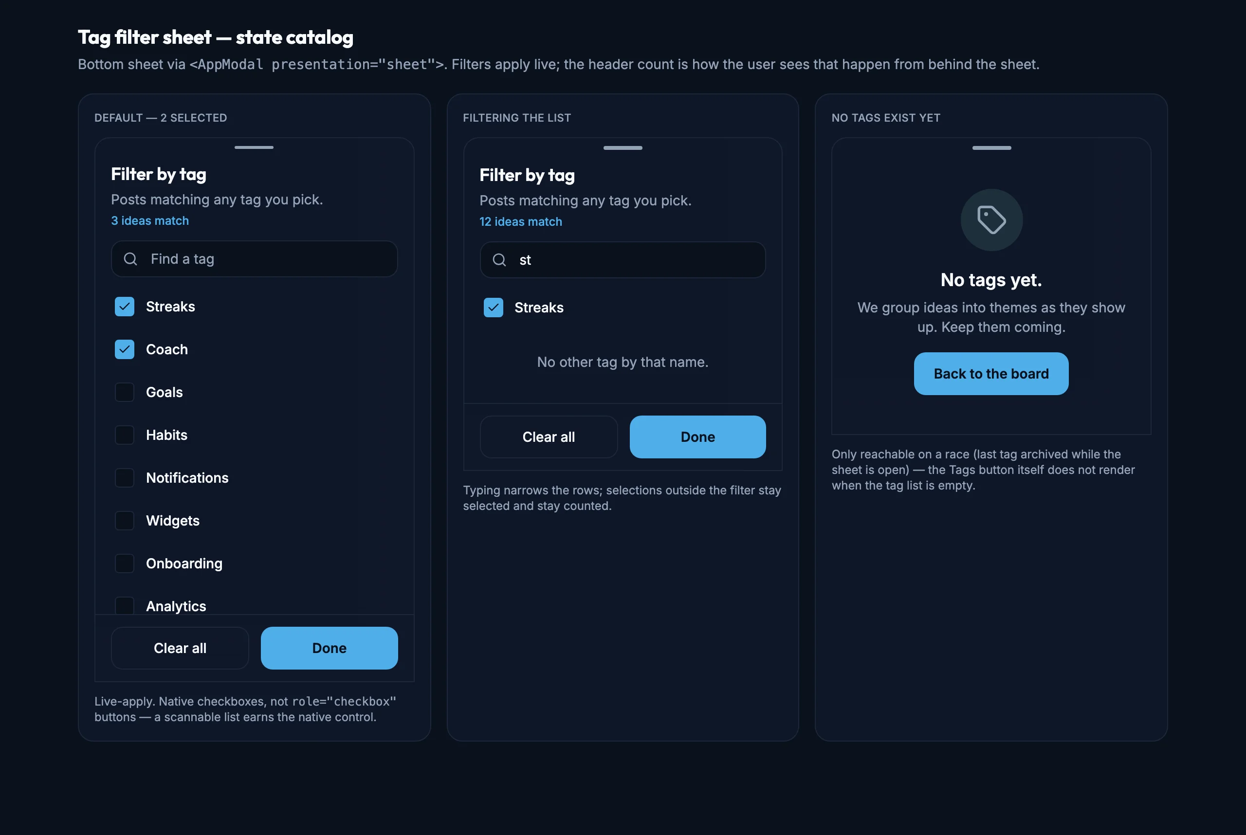 Tag Filter Sheet mockup, dark, desktop