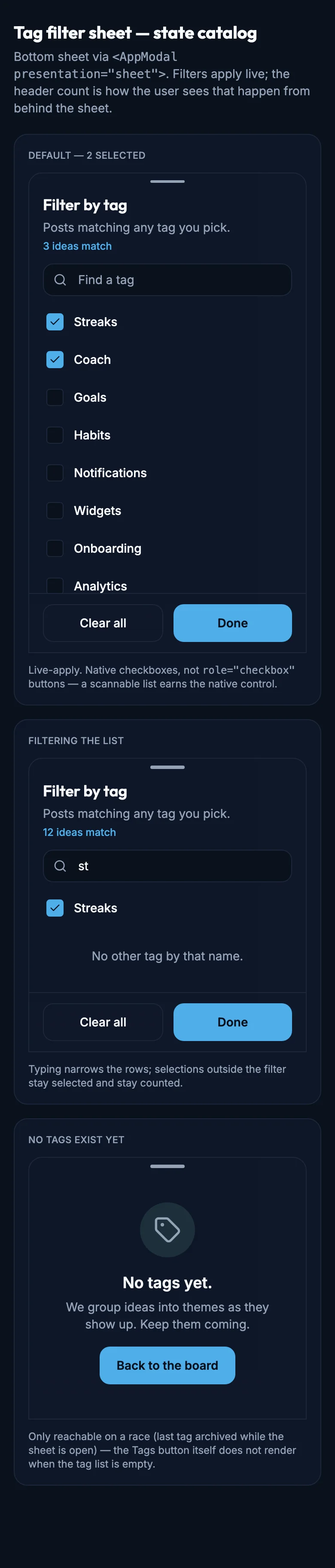 Tag Filter Sheet mockup, dark, mobile