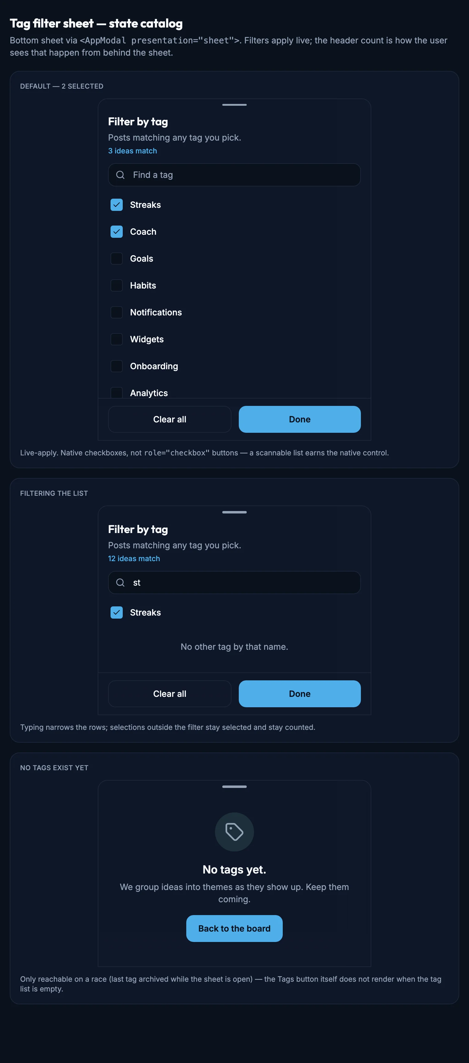 Tag Filter Sheet mockup, dark, tablet