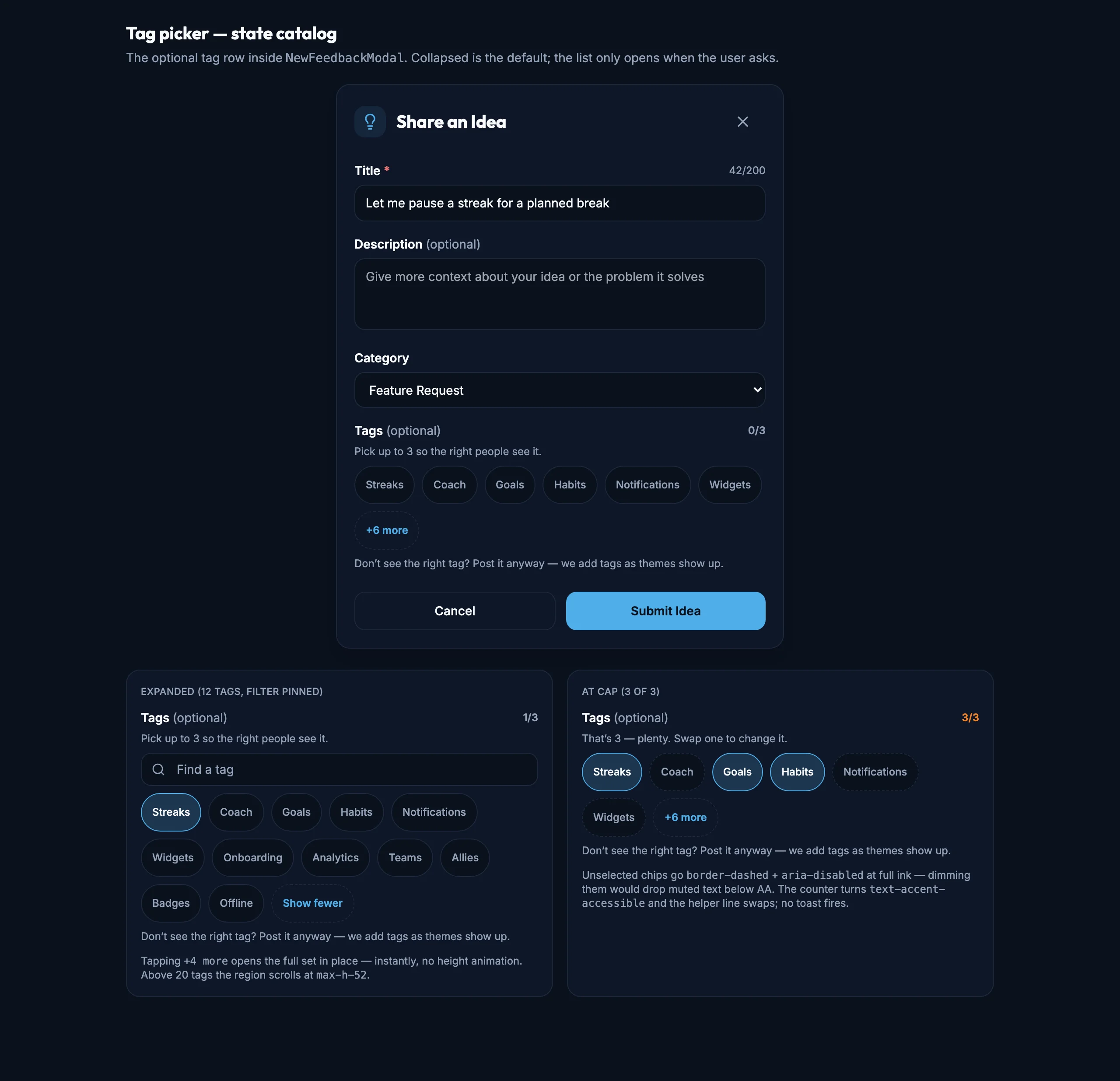 Tag Picker mockup, dark, desktop