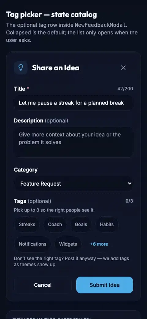 Tag Picker Motion mockup, dark, mobile