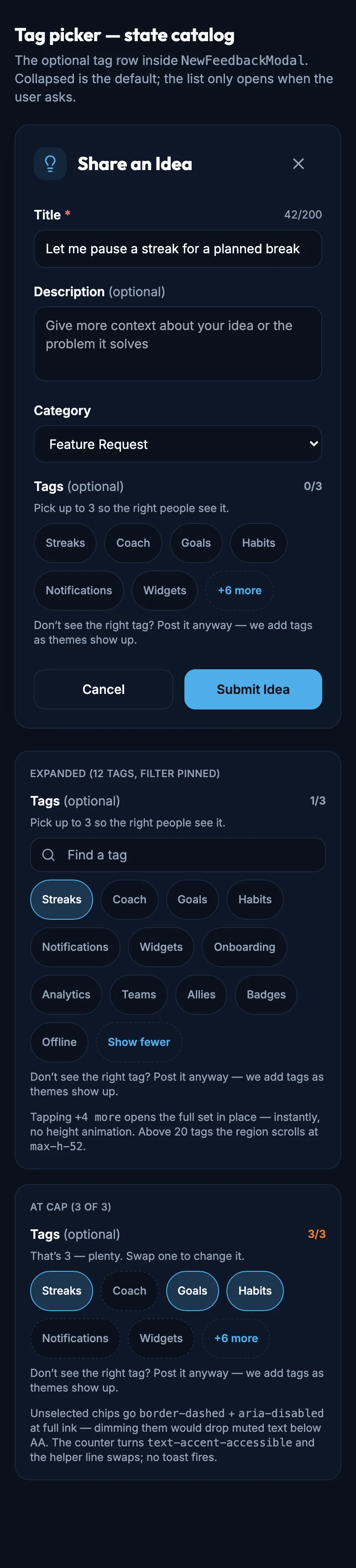 Tag Picker mockup, dark, mobile