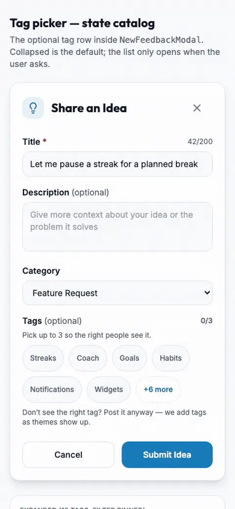 Tag Picker Motion mockup, light, mobile