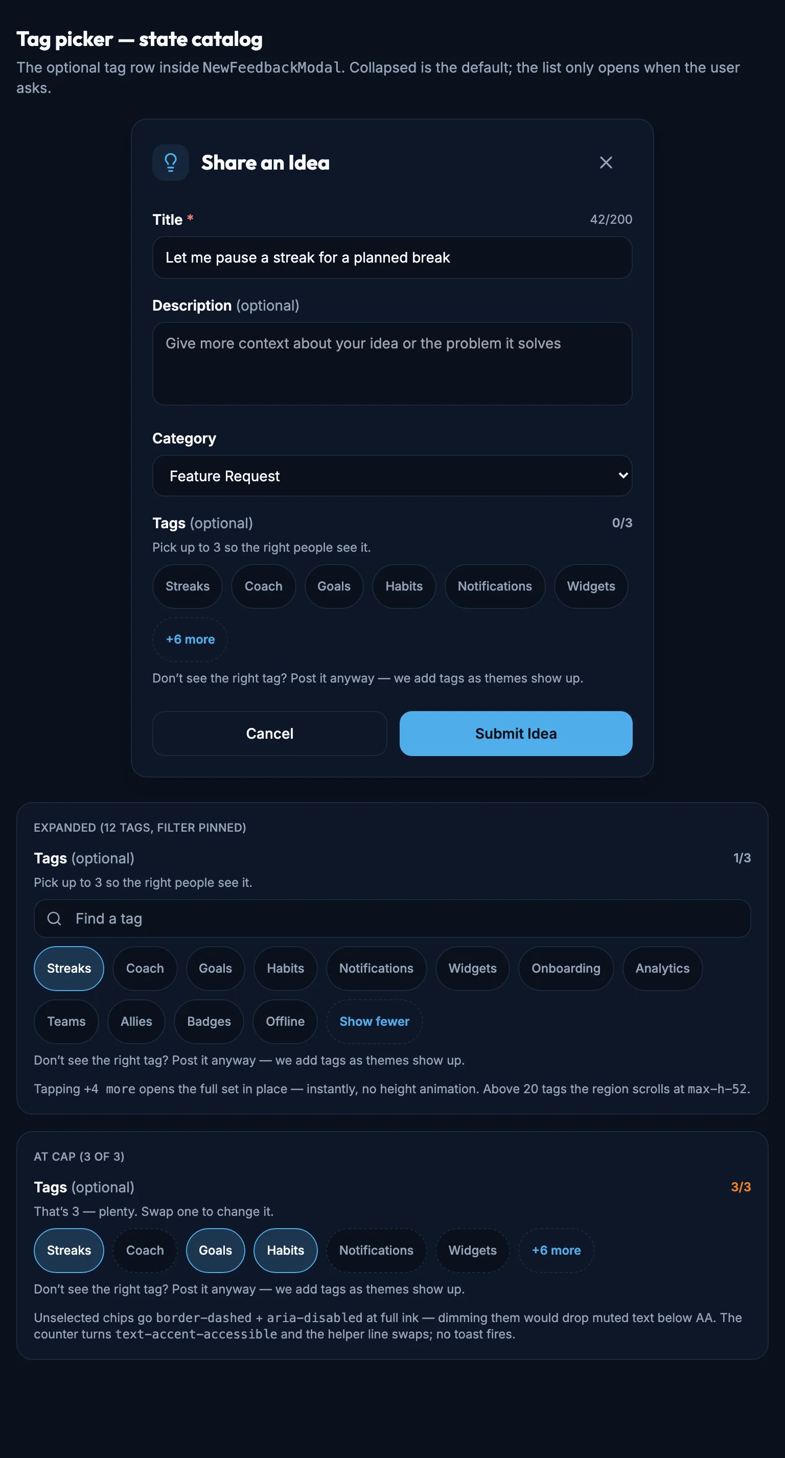 Tag Picker mockup, dark, tablet