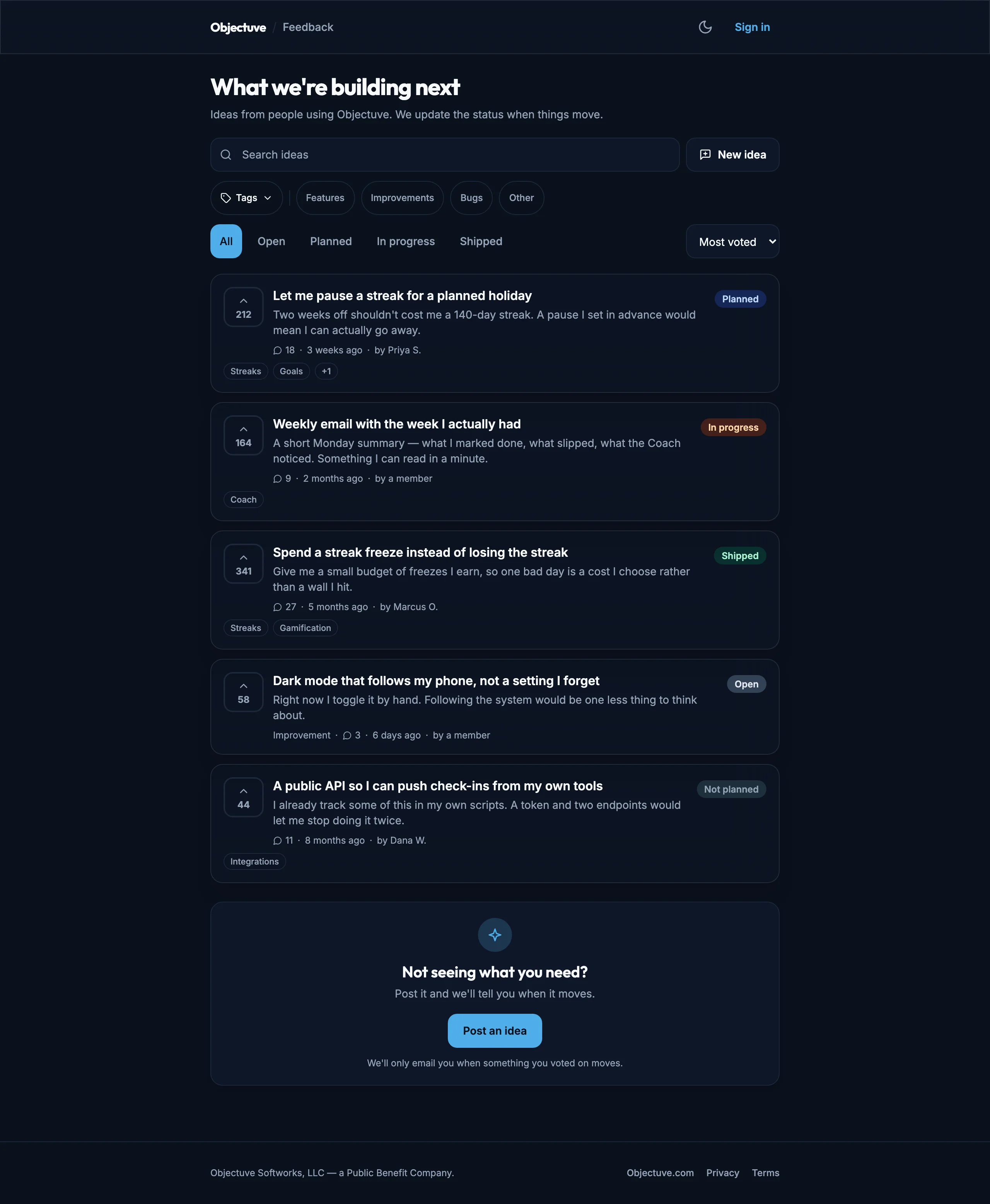 Public Board mockup, dark, desktop