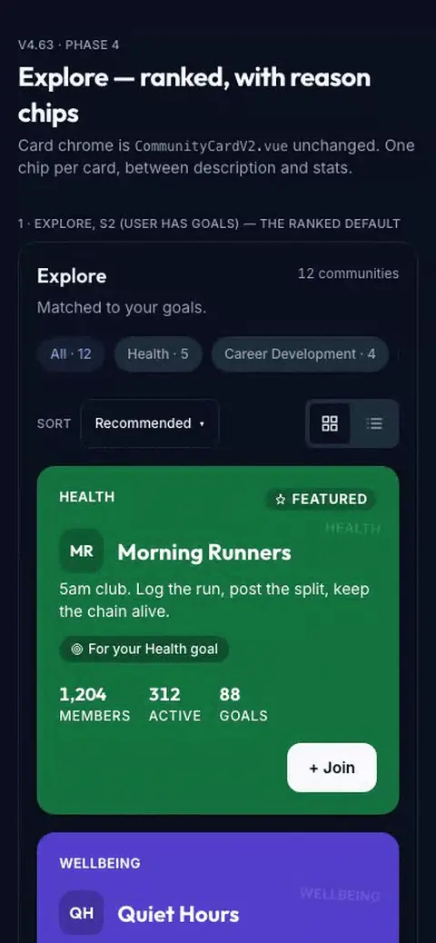 Discovery Ranked Motion mockup, dark, mobile