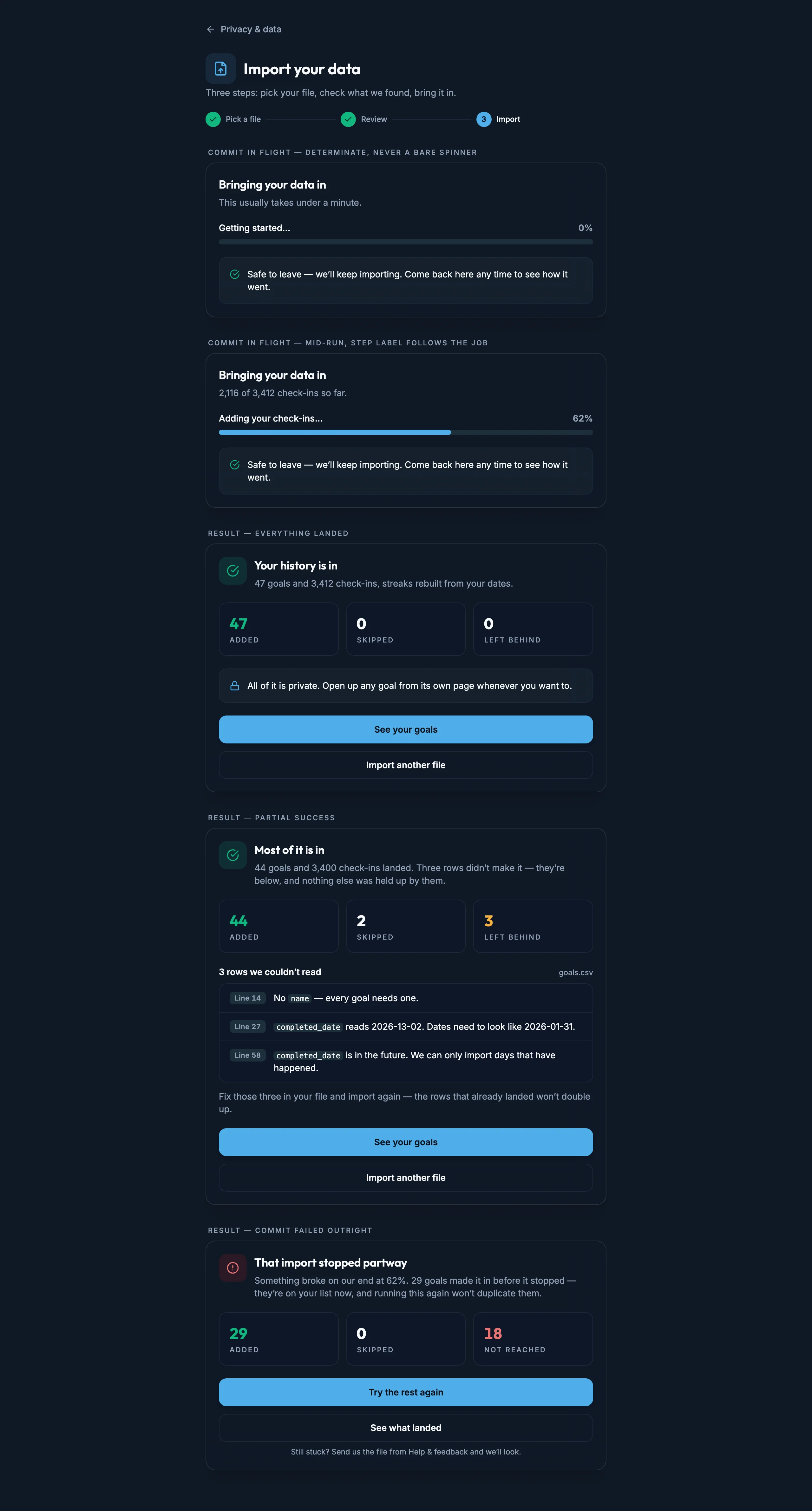 Import Commit Summary mockup, dark, desktop