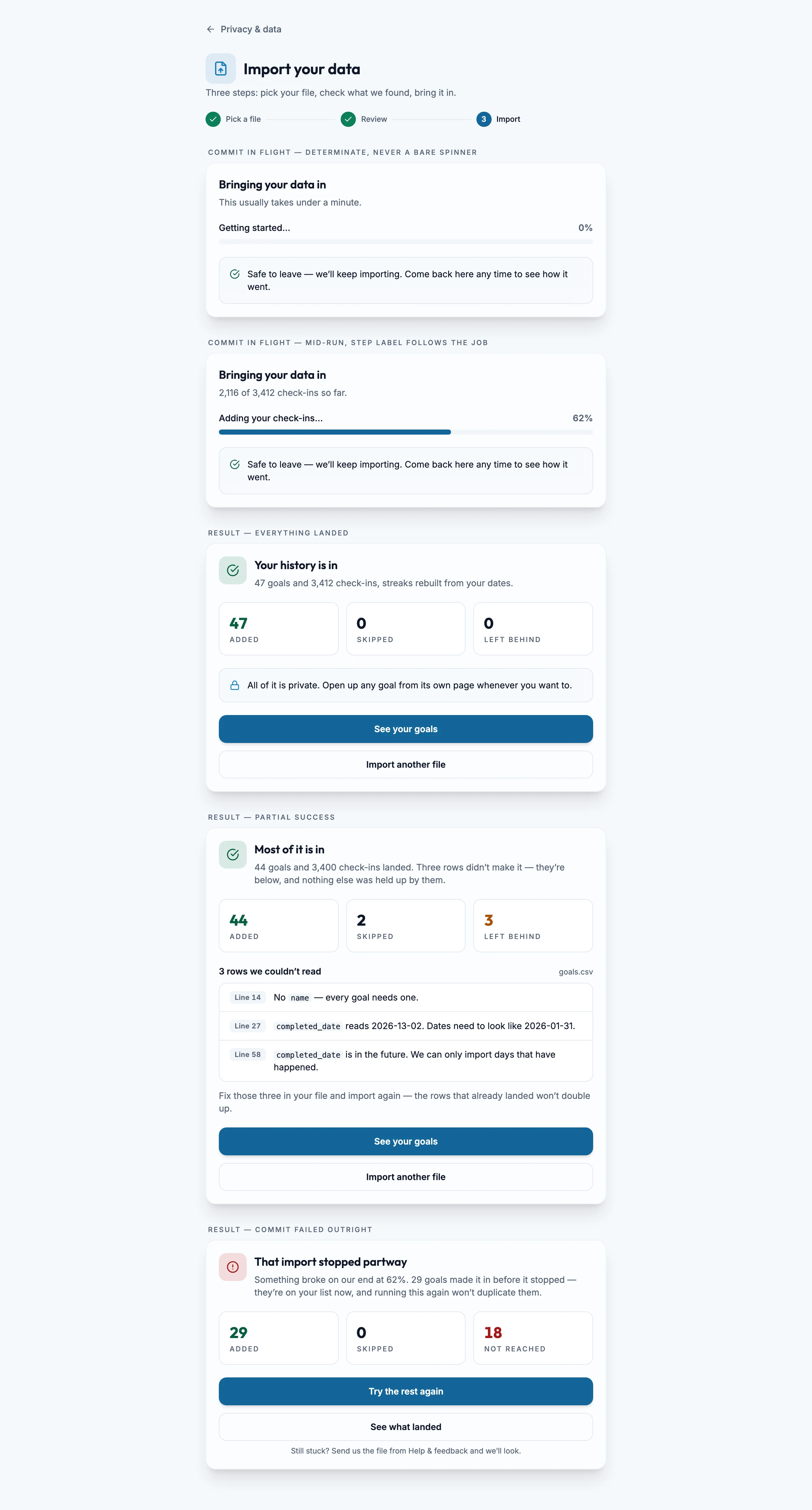 Import Commit Summary mockup, light, desktop