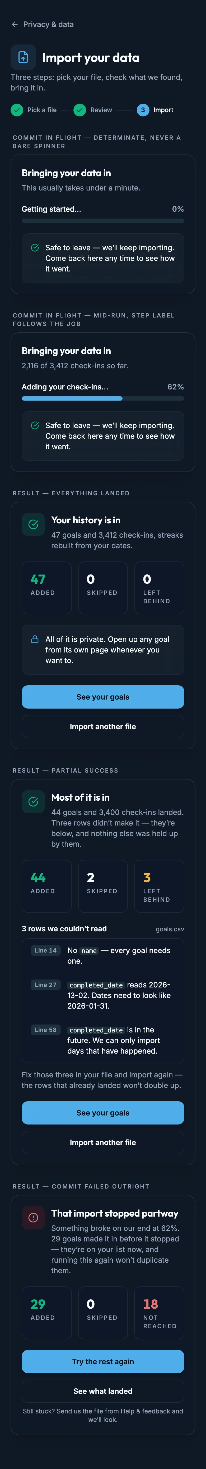 Import Commit Summary mockup, dark, mobile