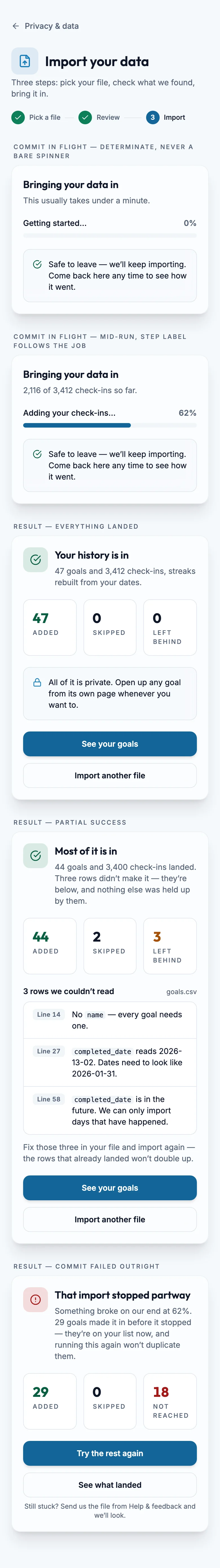 Import Commit Summary mockup, light, mobile