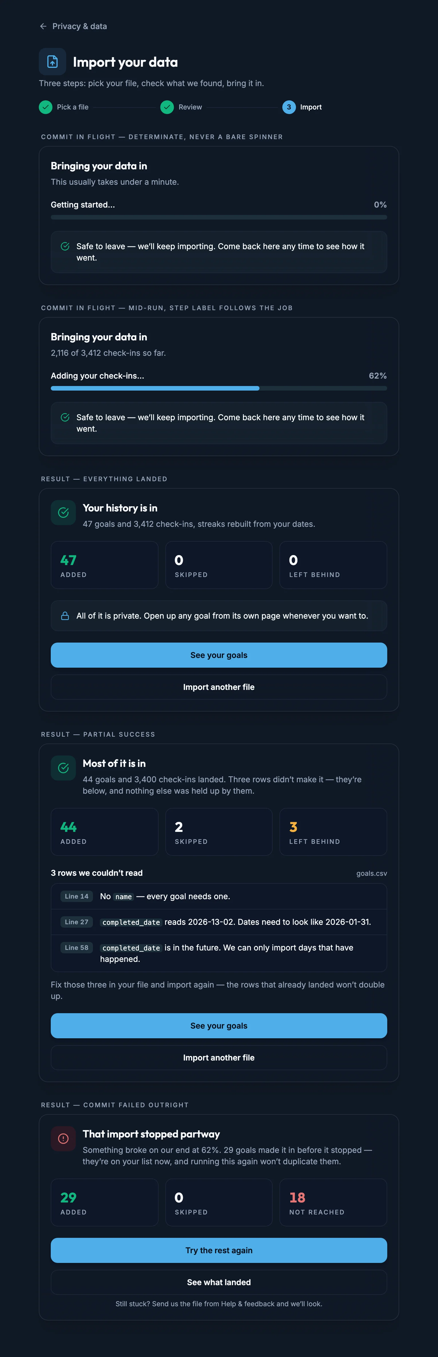 Import Commit Summary mockup, dark, tablet