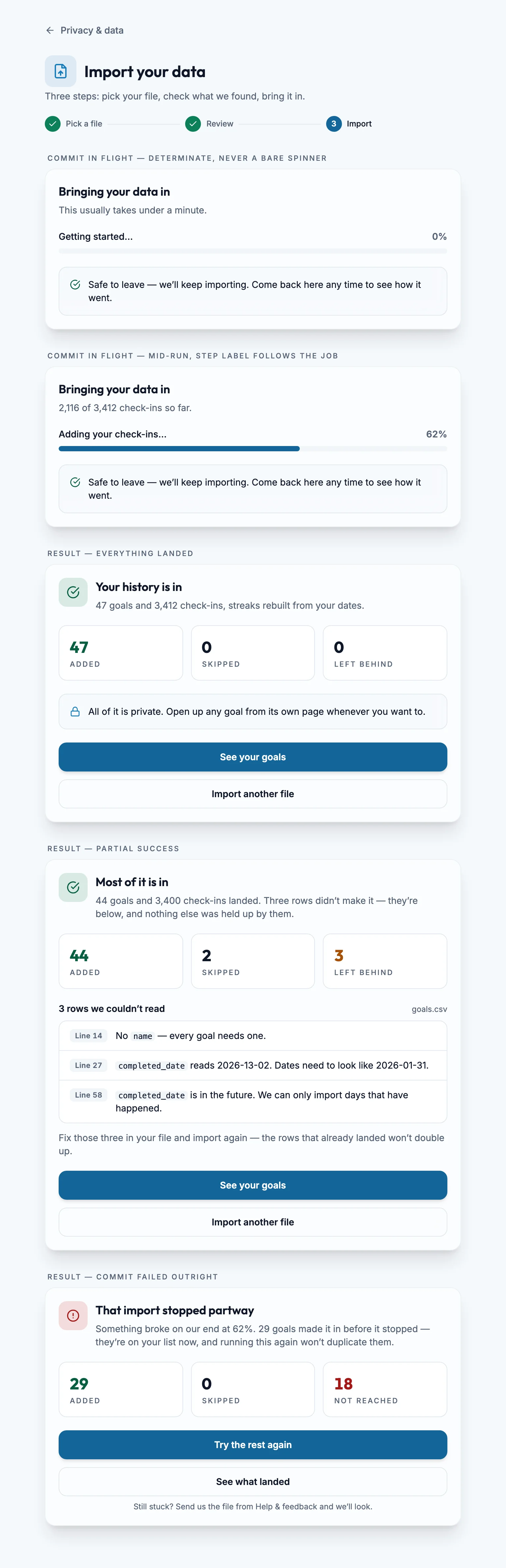 Import Commit Summary mockup, light, tablet
