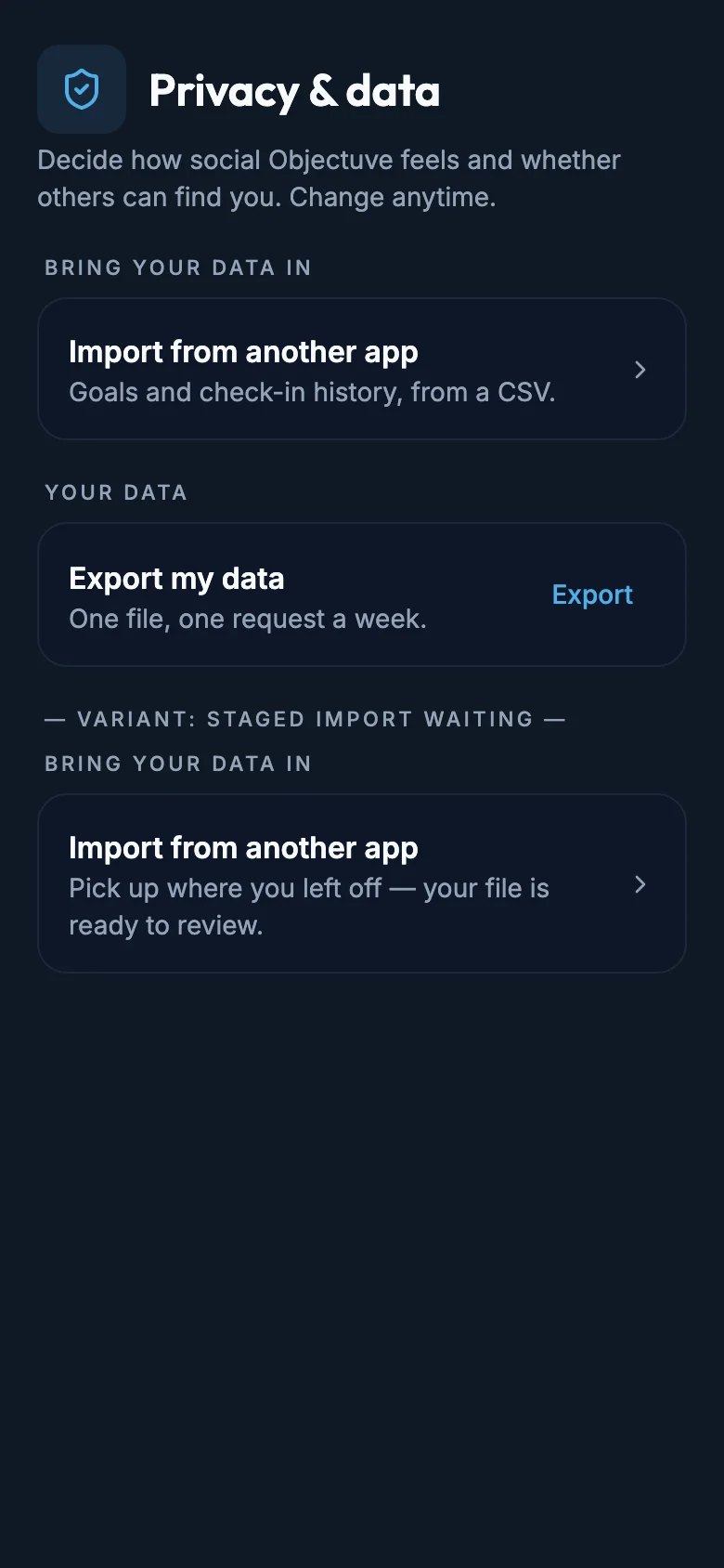 Import Entry mockup, dark, mobile