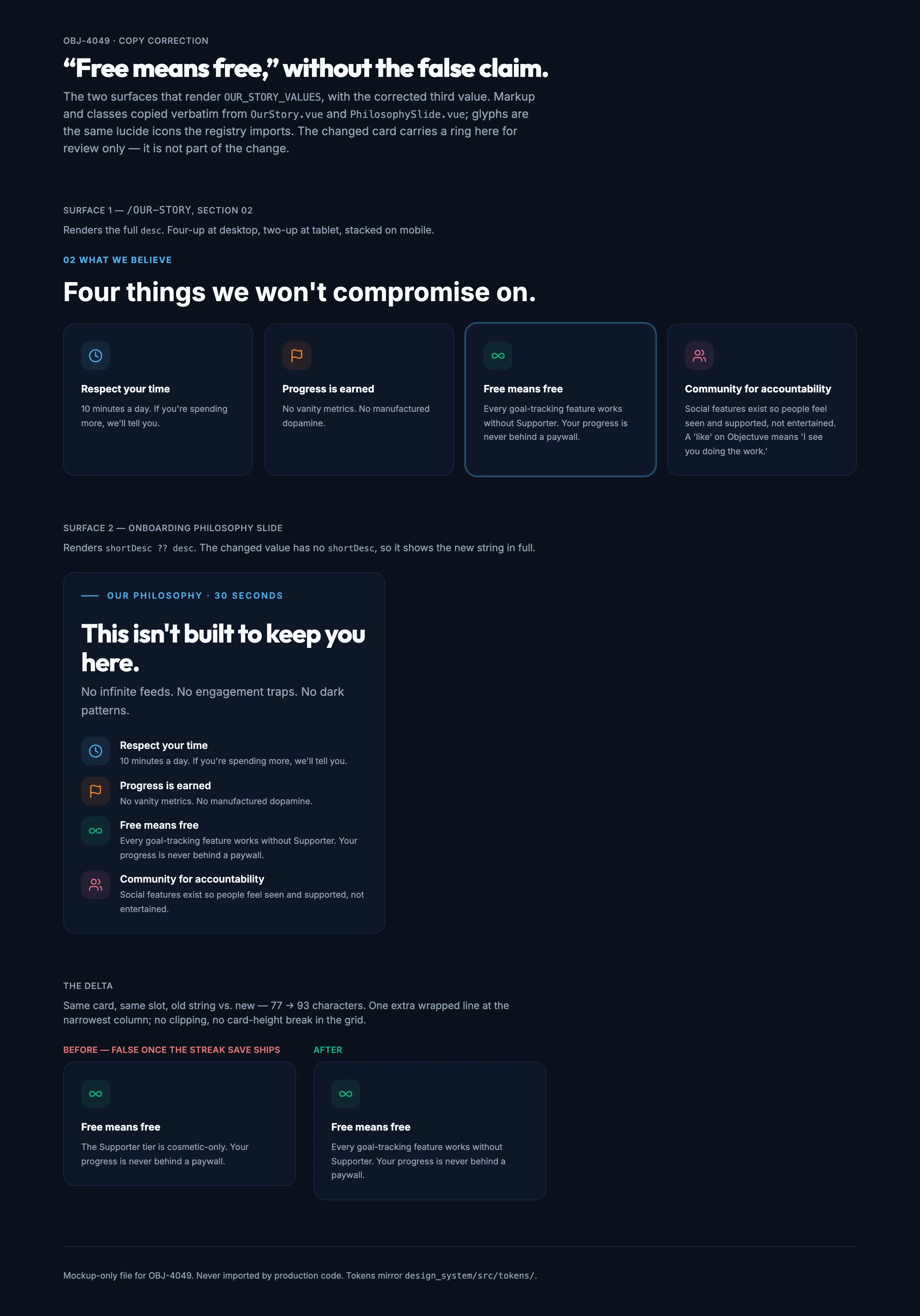 Our Story Values mockup, dark, desktop