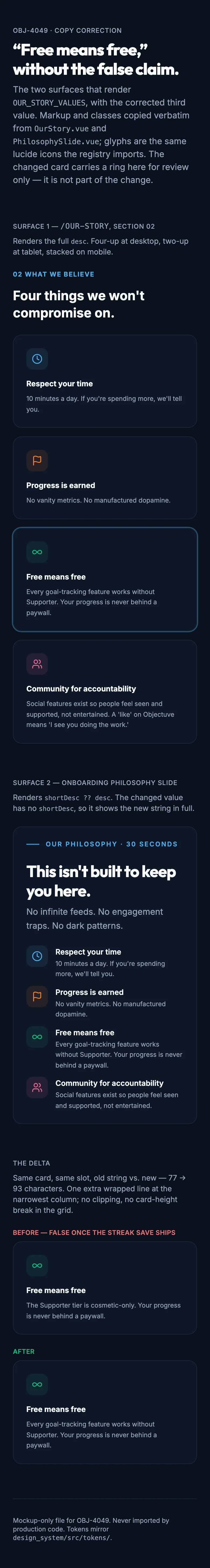 Our Story Values mockup, dark, mobile