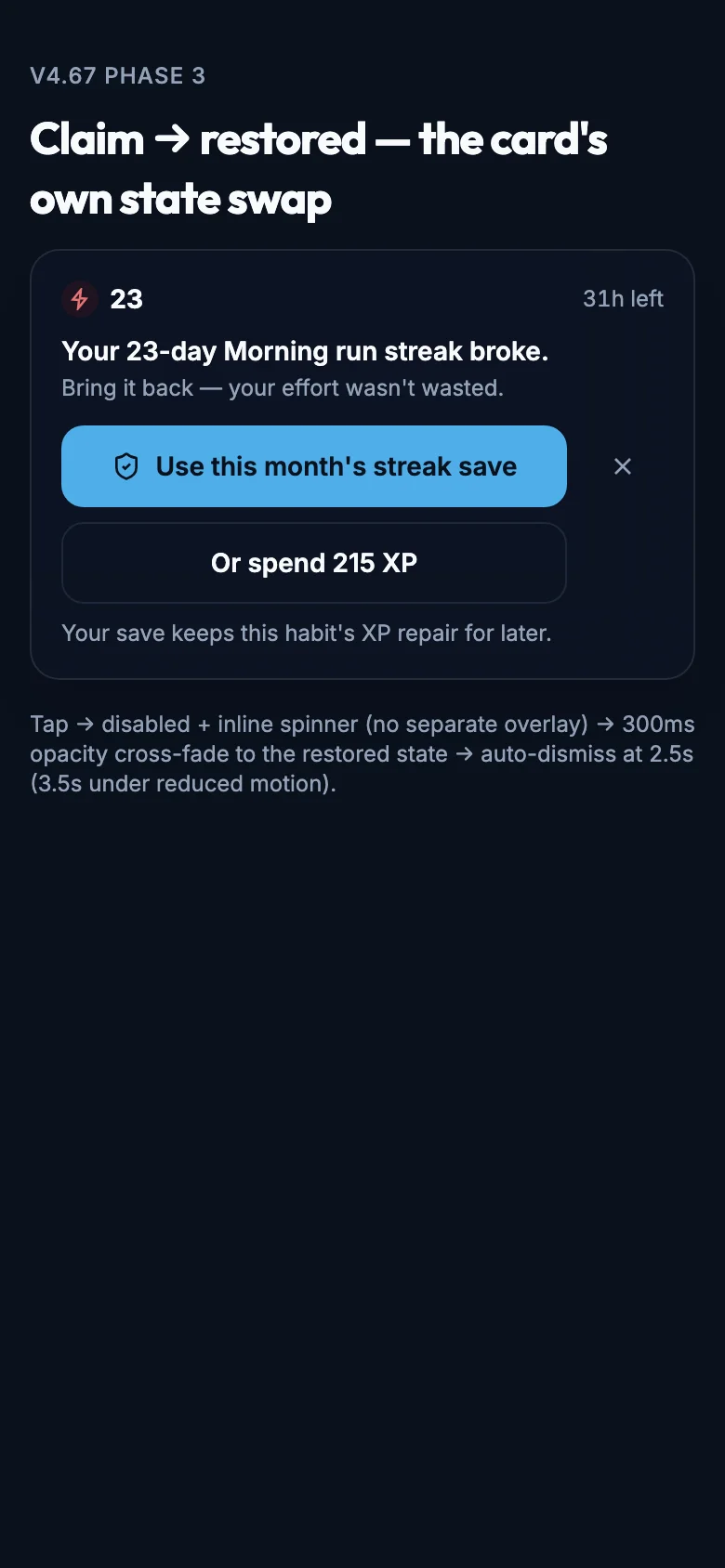 Claim Transition mockup, dark, mobile