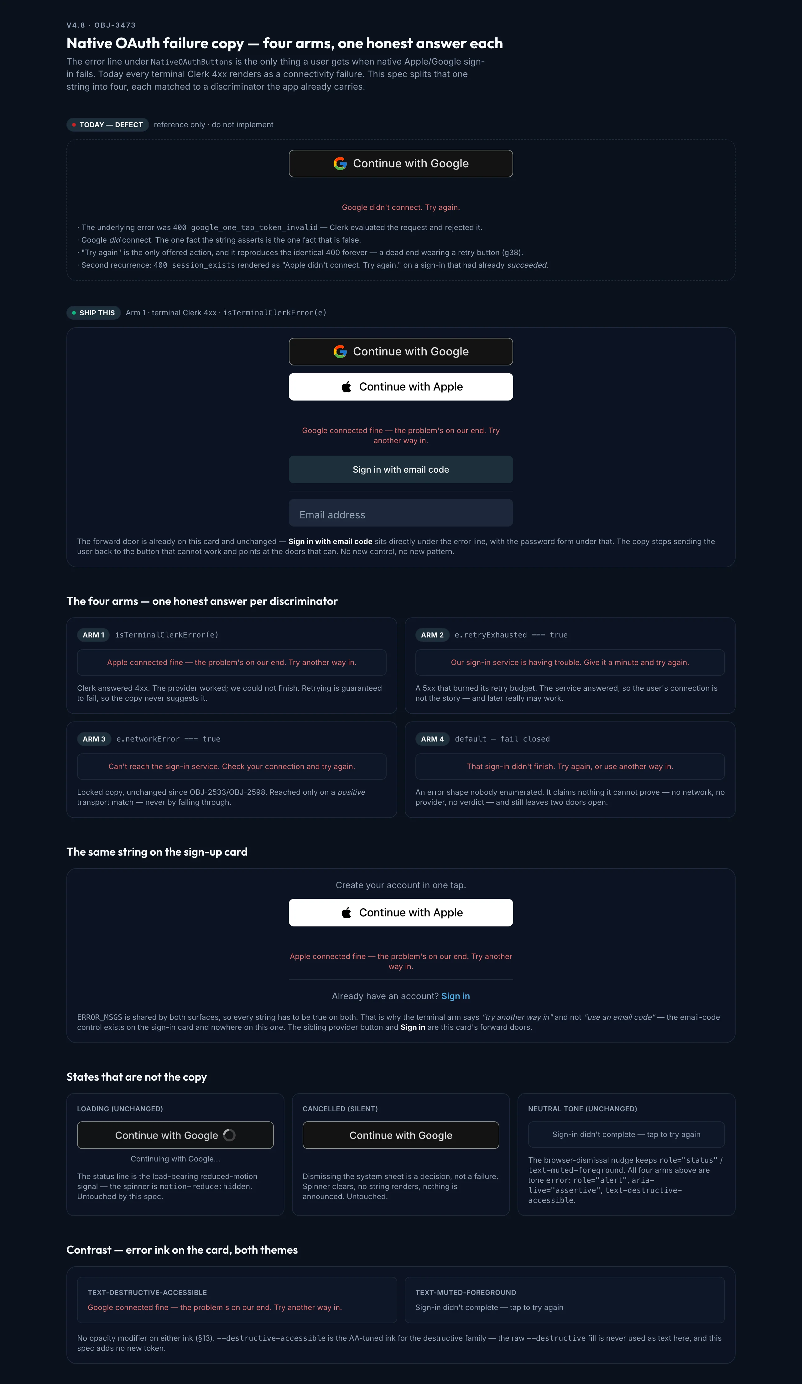 Native Oauth Failure Copy mockup, dark, desktop