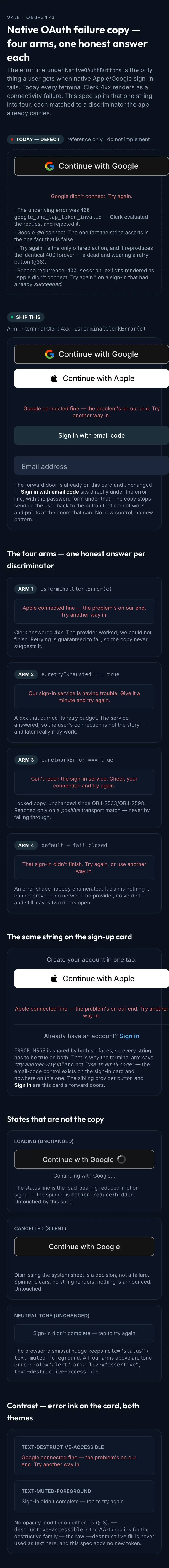 Native Oauth Failure Copy mockup, dark, mobile