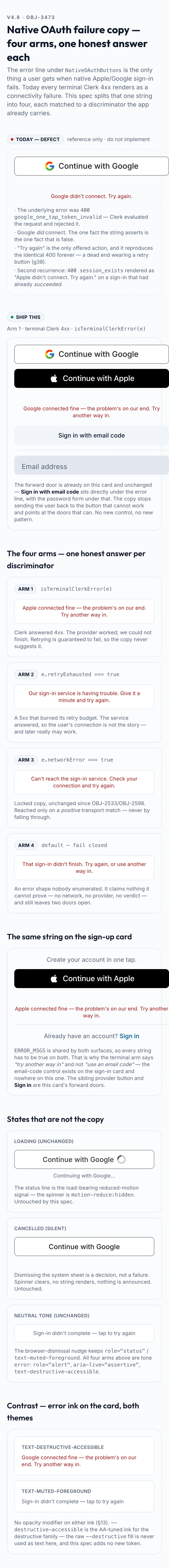 Native Oauth Failure Copy mockup, light, mobile