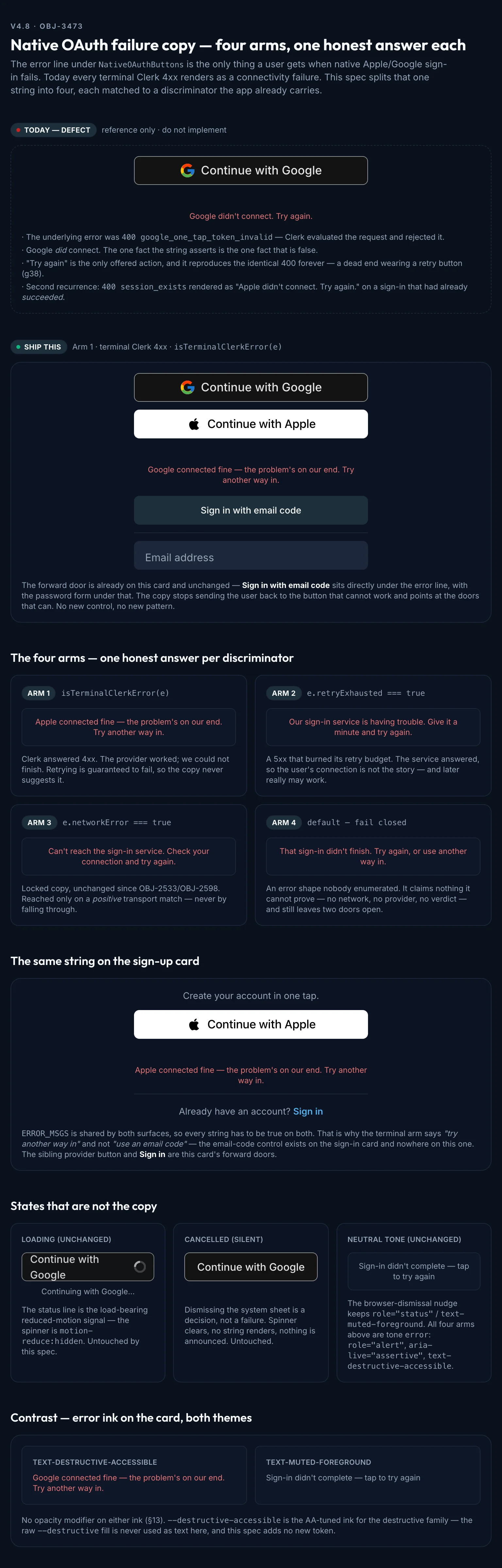 Native Oauth Failure Copy mockup, dark, tablet
