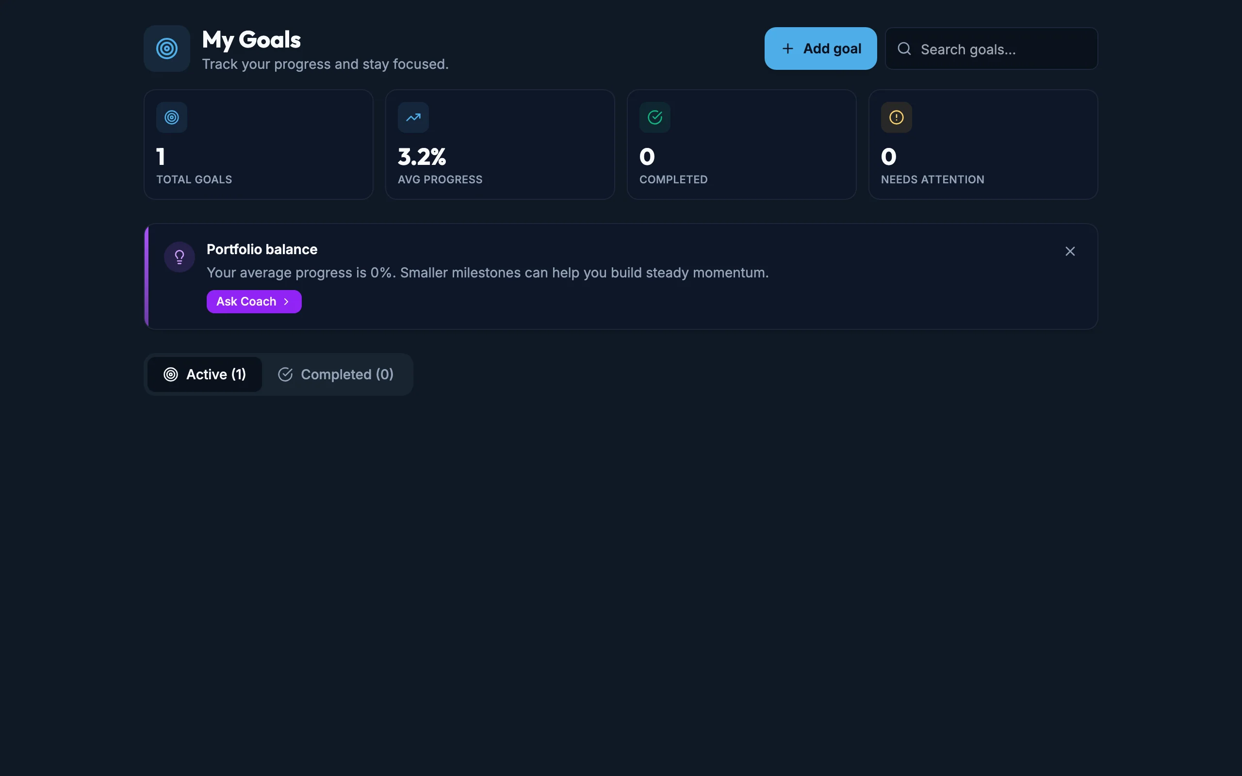 Goals Header After mockup, dark, desktop