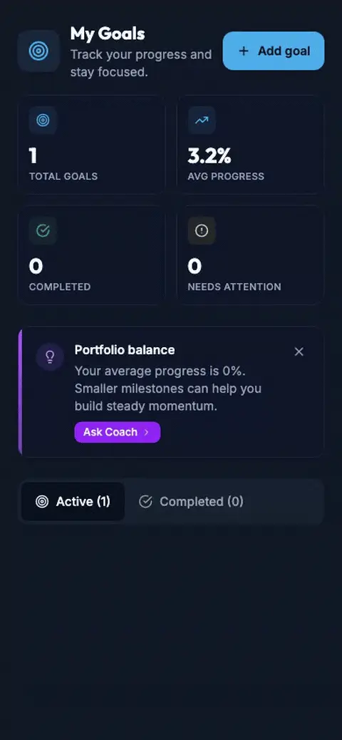 Goals Header After Motion mockup, dark, mobile