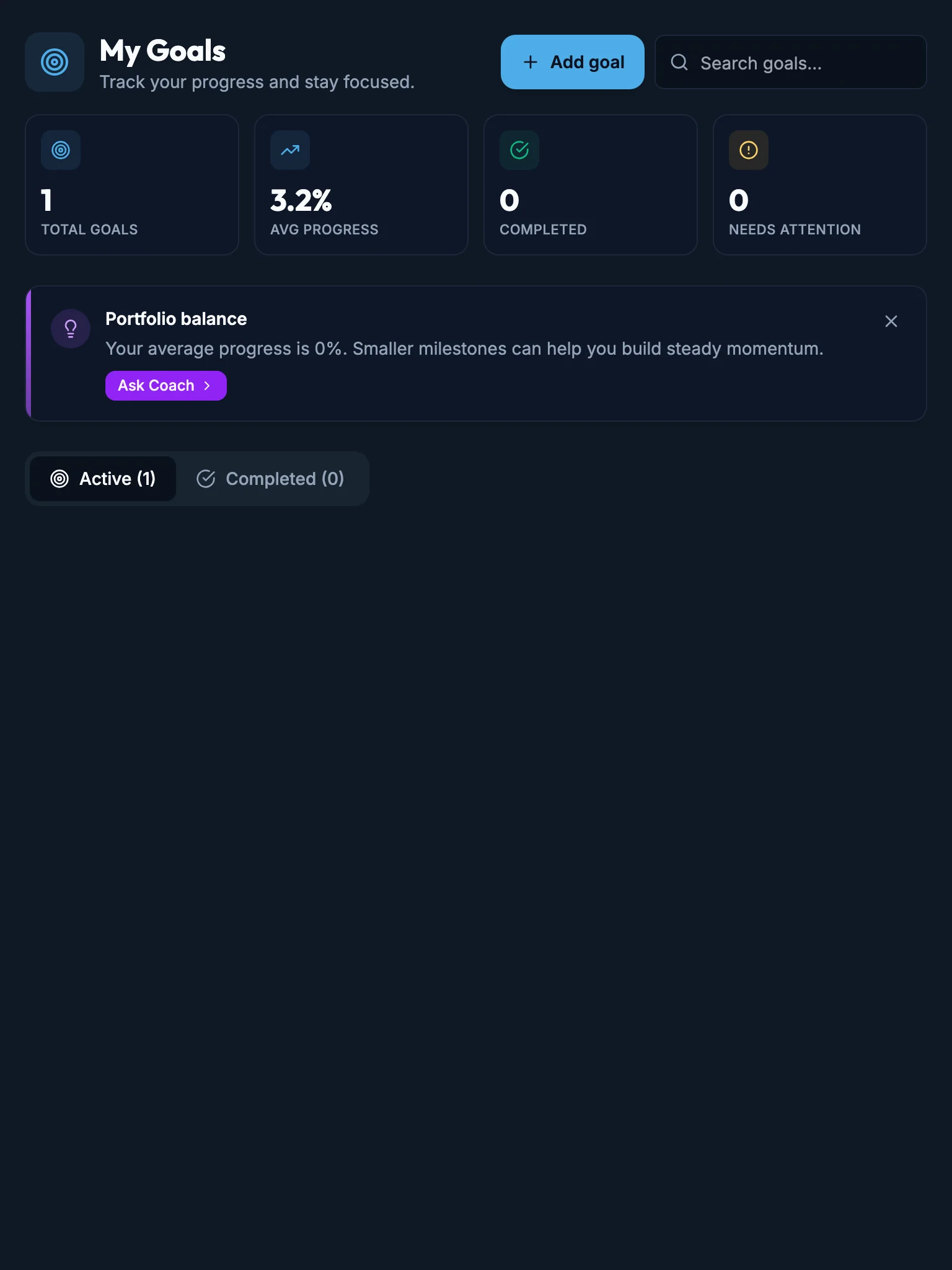 Goals Header After mockup, dark, tablet