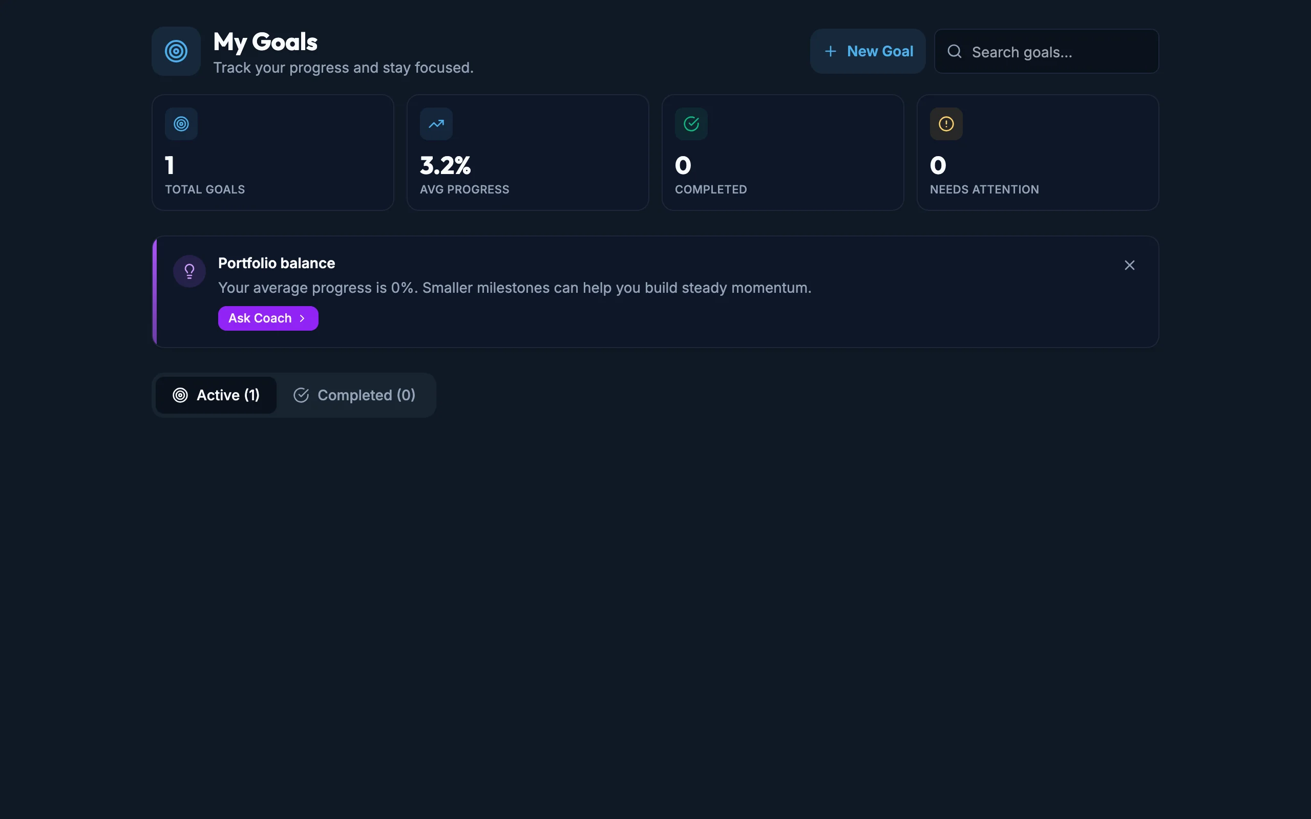 Goals Header Before mockup, dark, desktop