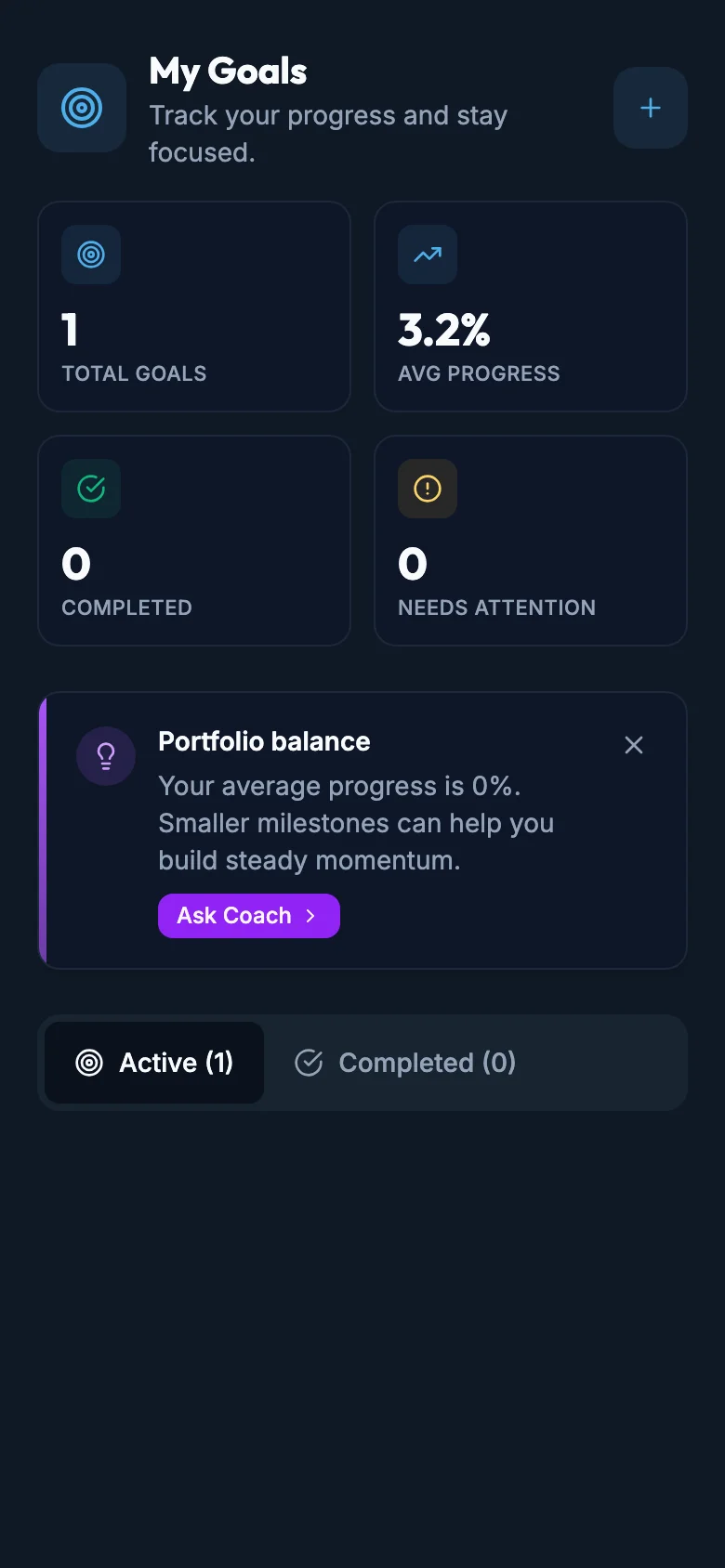 Goals Header Before mockup, dark, mobile