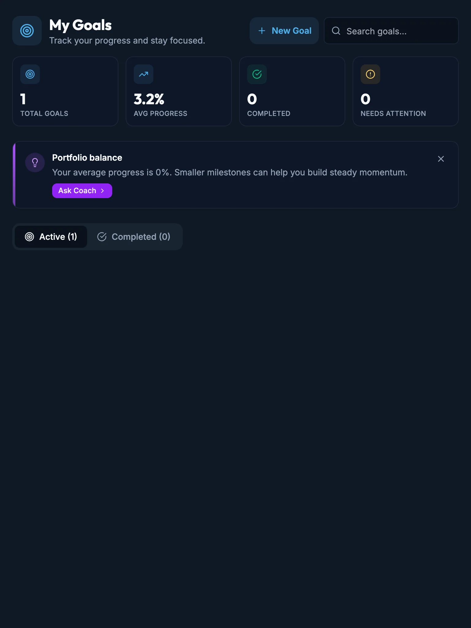 Goals Header Before mockup, dark, tablet